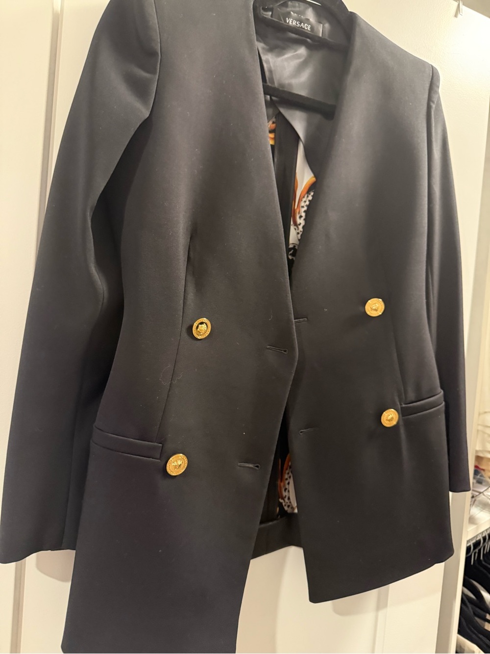 Versace Black Double-Breasted Blazer with Gold Medallion Buttons